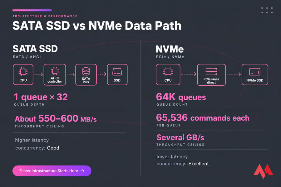 Side-by-side SATA SSD vs NVMe data path diagram with queue counts, latency, and throughput labels