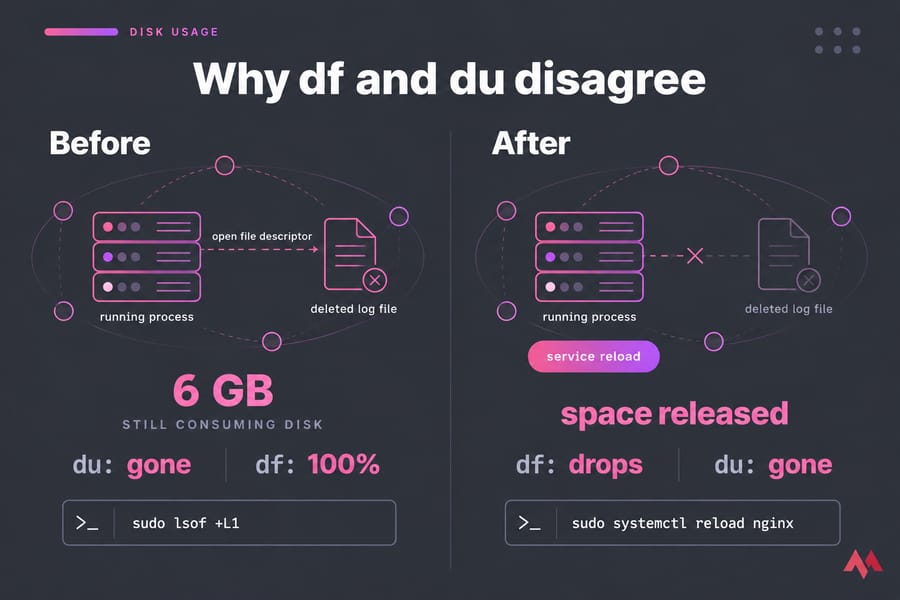 Before/after diagram showing a deleted 6 GB log still held open until service reload frees disk space