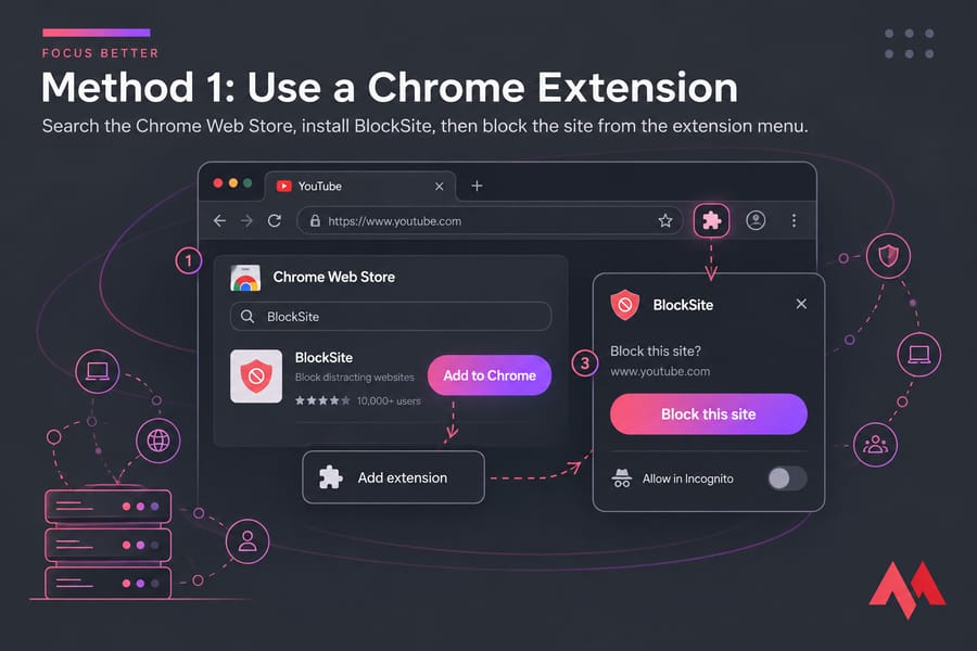 Conceptual Chrome extension illustration showing BlockSite popup with a Block this site button over YouTube.