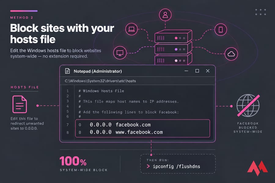 Conceptual Notepad hosts file illustration showing two Facebook-blocking entries on Windows.