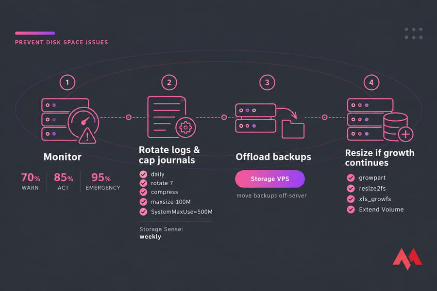 Infographic of VPS disk-space prevention workflow: alerts, log rotation, backup offload, and resize steps.