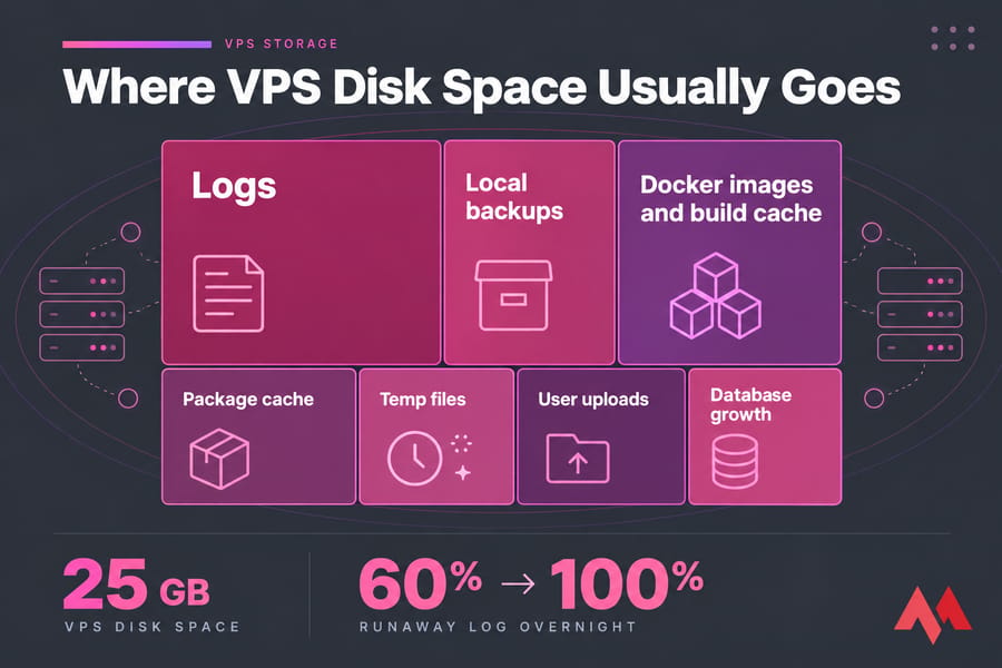 Infographic showing the seven main places VPS disk space is usually consumed.