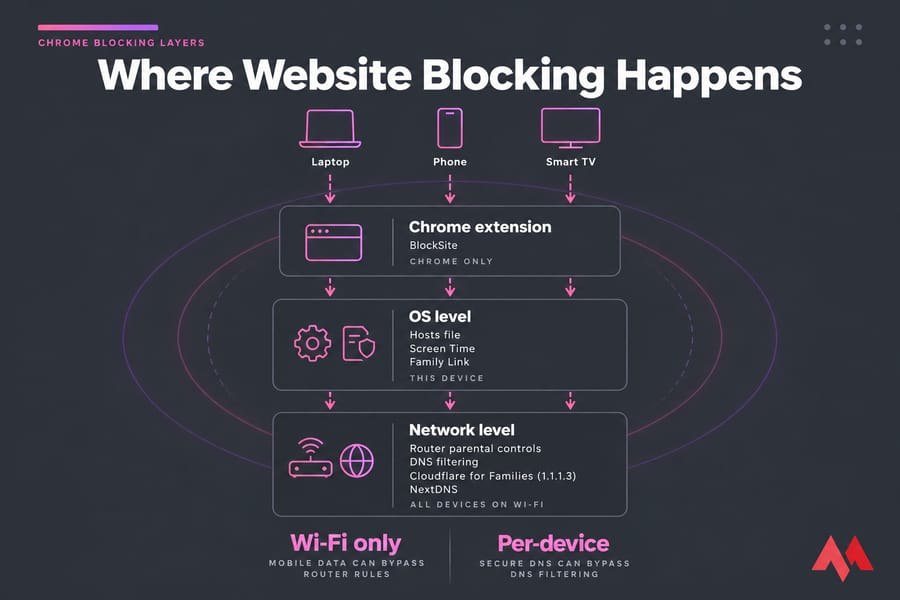 Layered diagram showing Chrome, OS, and network levels for blocking websites across devices