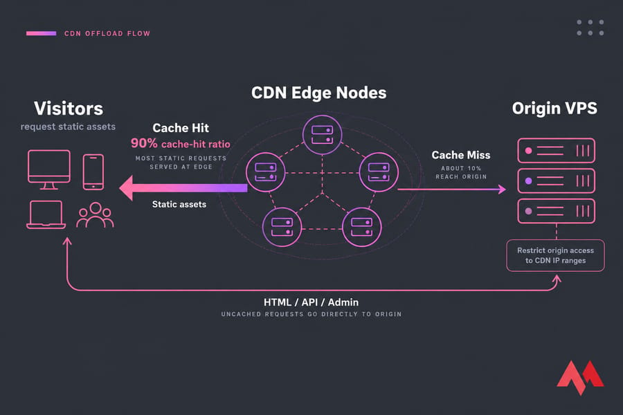 Diagram showing visitors, CDN edge nodes, and origin VPS with thick cache-hit flow and thin cache-miss flow.