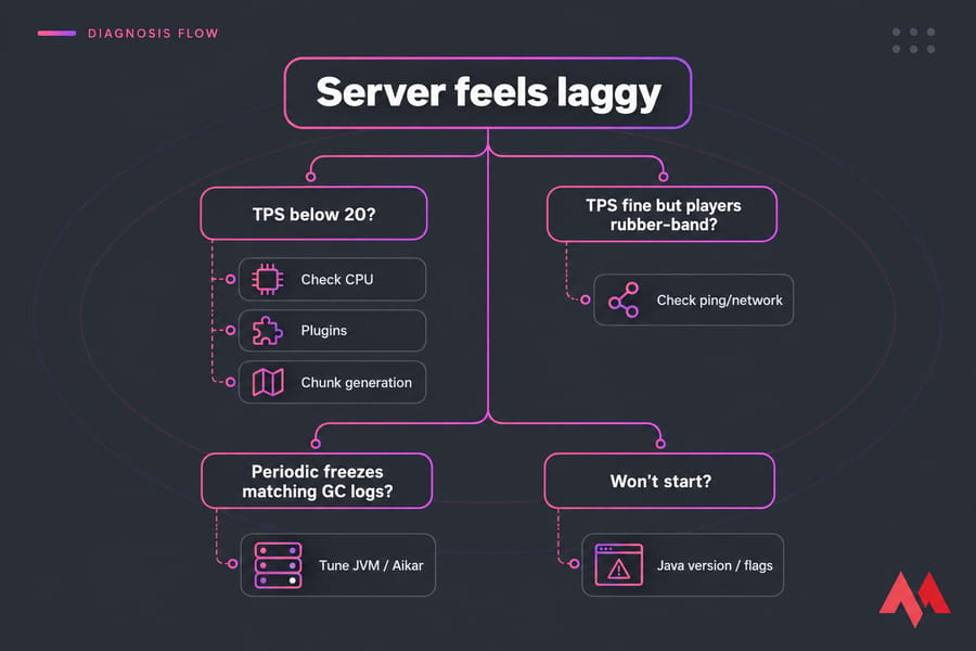 MonoVM-styled decision tree for diagnosing Minecraft lag: TPS, ping, GC pauses, or Java flags.