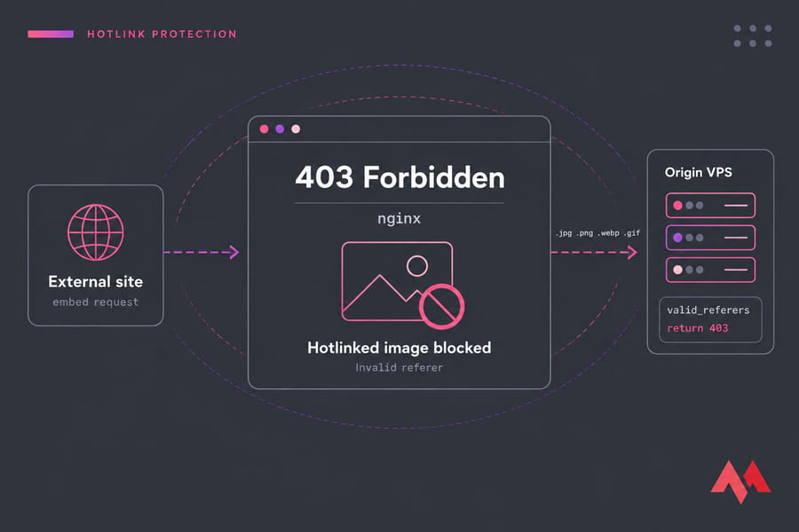 Stylised browser panel showing nginx 403 Forbidden for a blocked hotlinked image.
