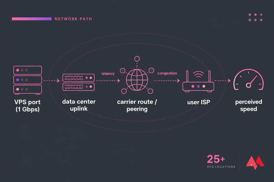 Flow diagram from VPS port to perceived speed, highlighting latency and congestion.