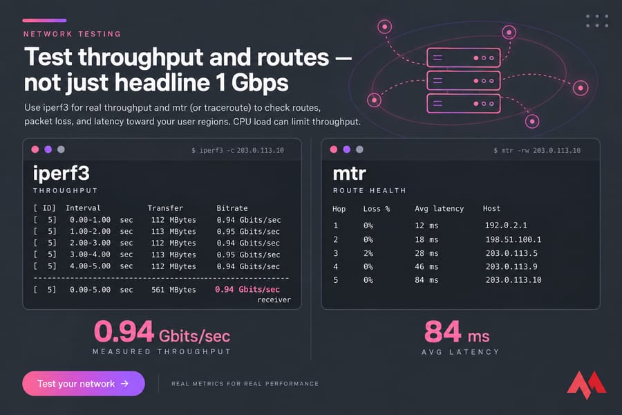 Stylised dual terminal graphic showing iperf3 throughput in Gbits/sec and mtr hops, loss %, and latency.