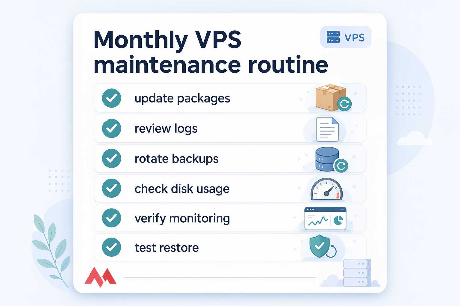 Callout card showing a monthly VPS maintenance routine checklist with six tasks.