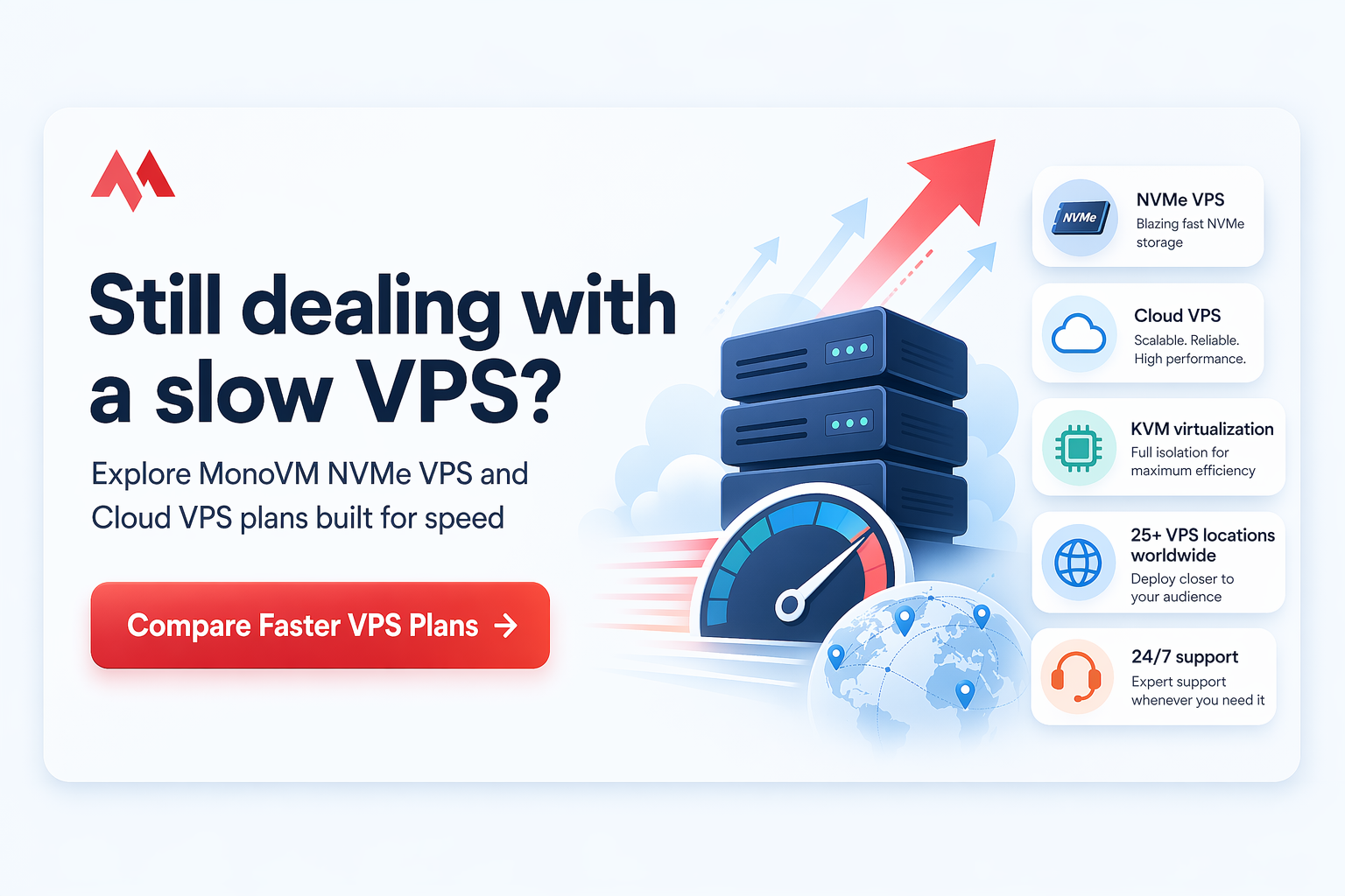 CTA card for MonoVM faster VPS plans with NVMe, Cloud VPS, and compare button