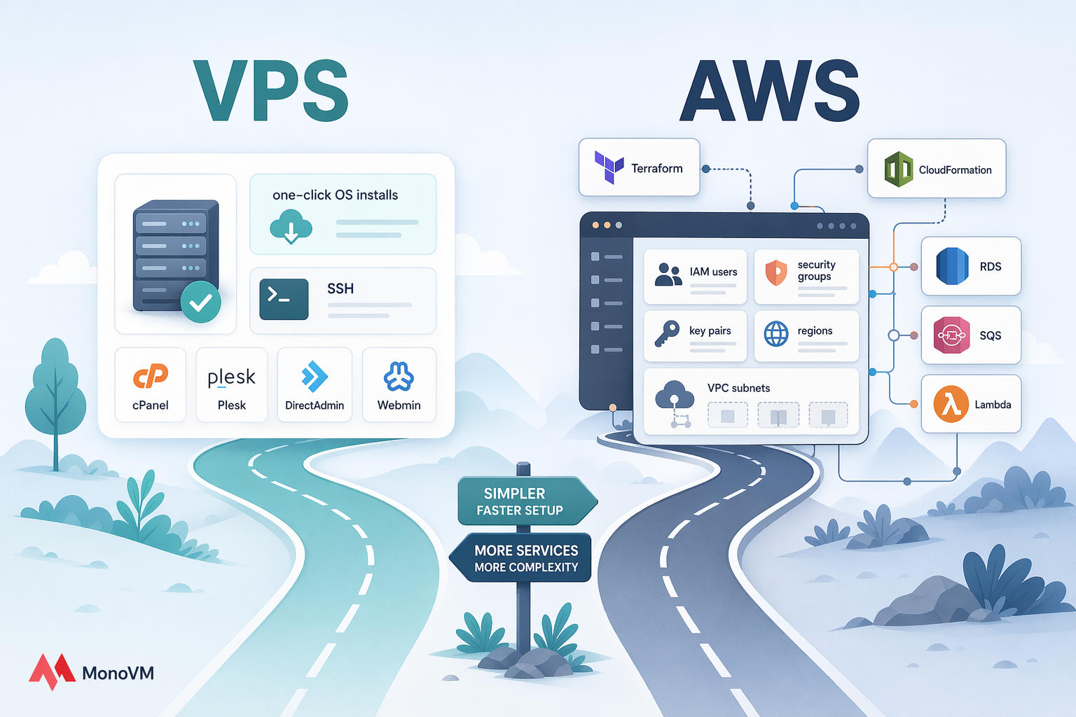 Forked illustration: VPS path to simple dashboard, AWS path to complex console with many labeled services