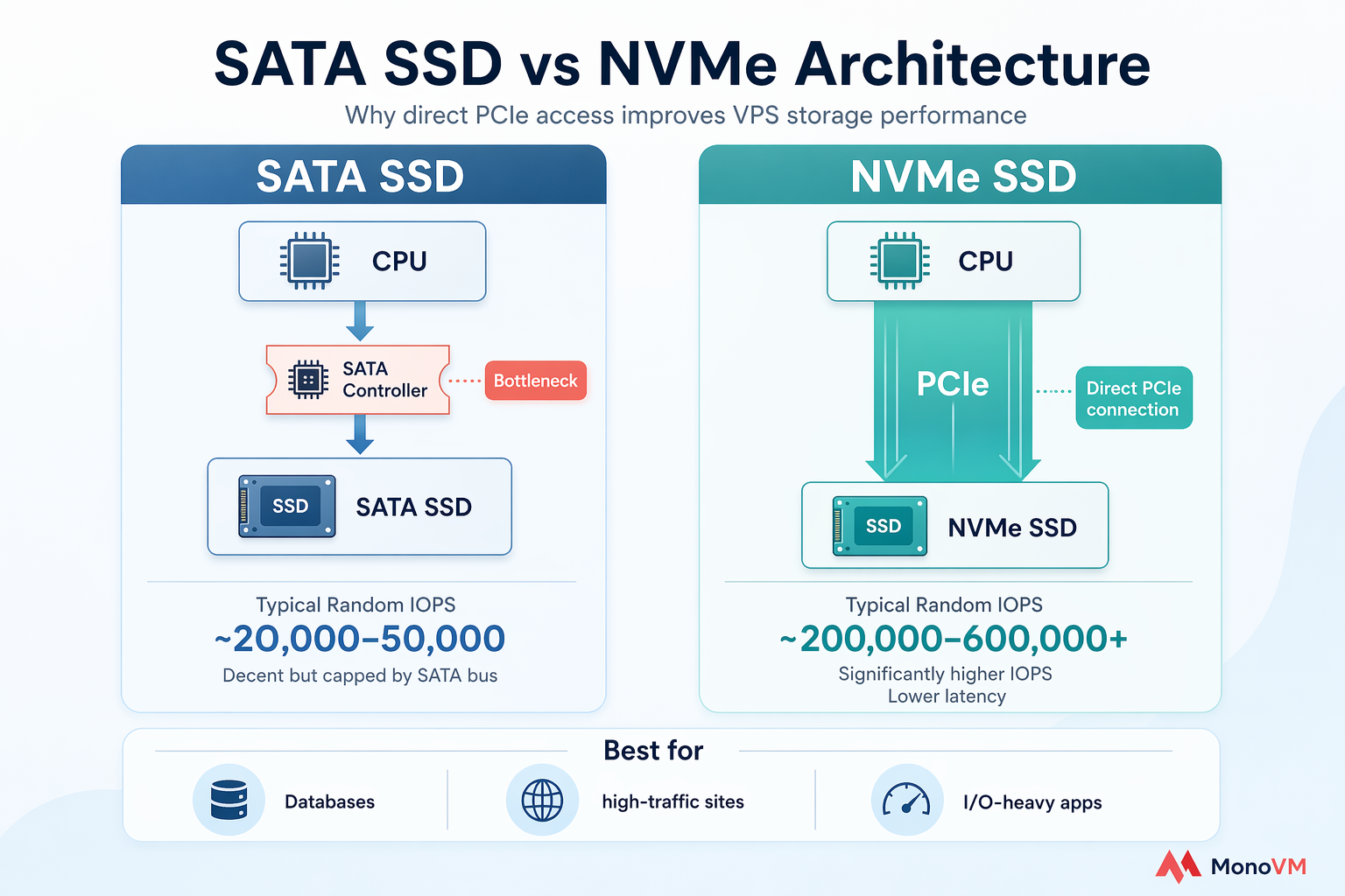 Side-by-side SATA SSD vs NVMe architecture diagram showing SATA bottleneck and direct PCIe NVMe path.