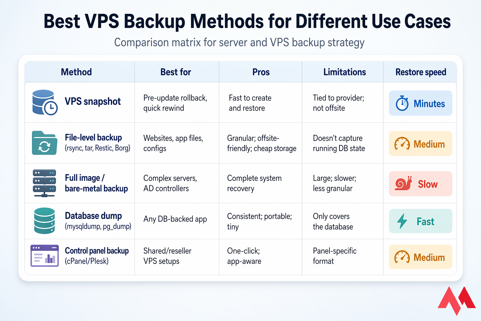 Comparison table of VPS backup methods, pros, limitations, and restore speed