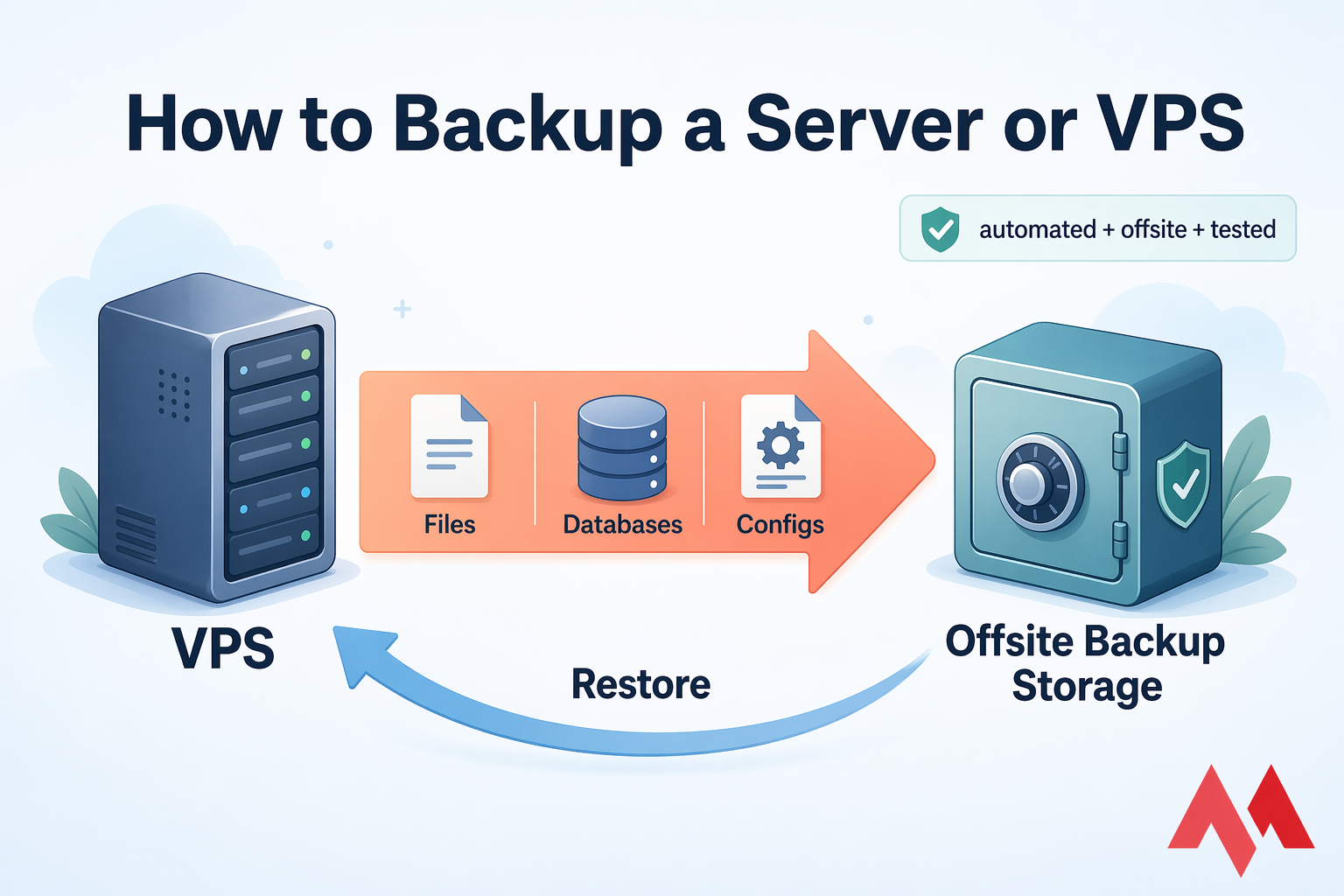 Hero graphic of a VPS backing up files, databases, and configs to offsite storage with restore loop.