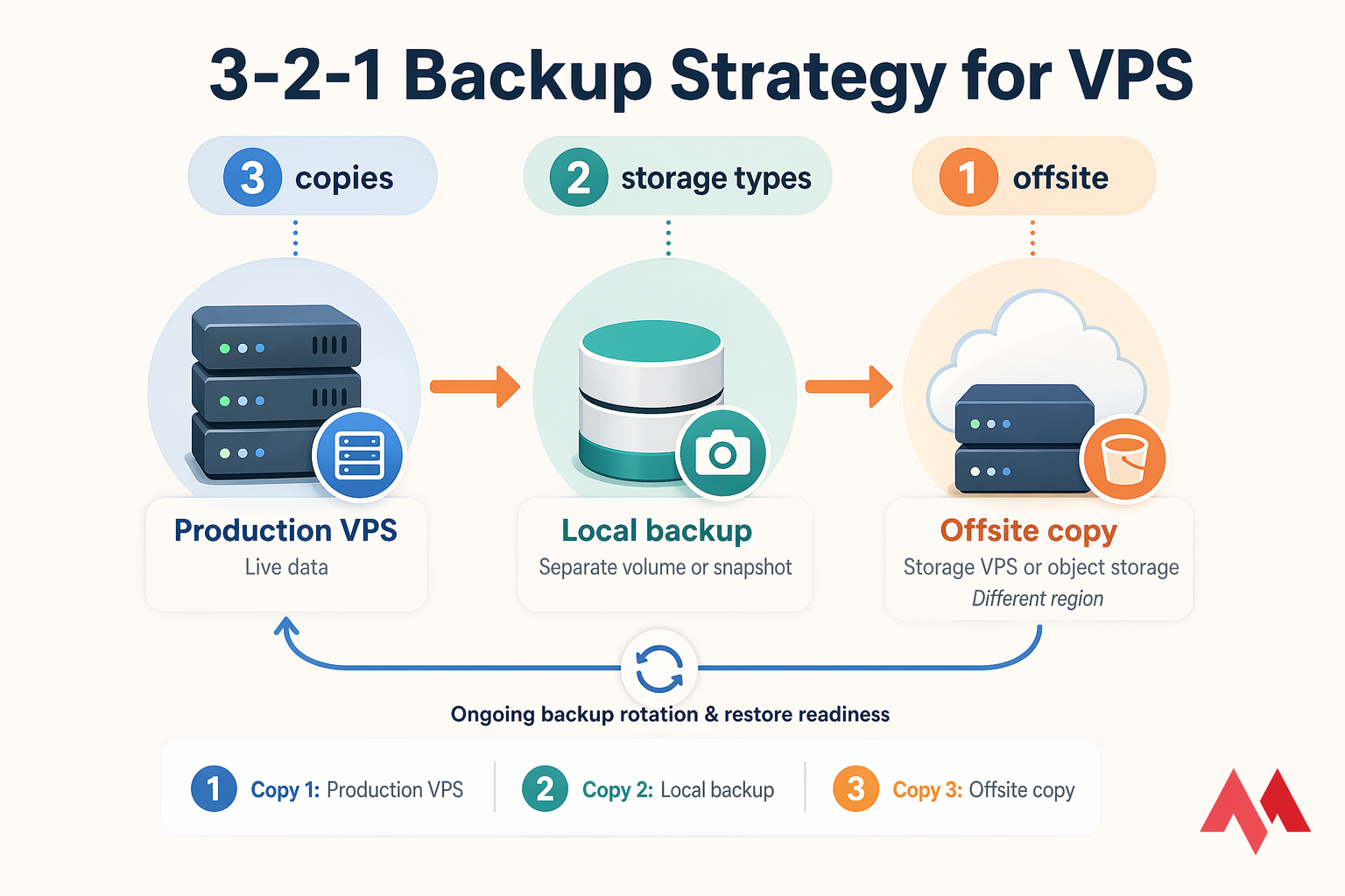 Infographic of the 3-2-1 VPS backup strategy: production VPS, local backup, and offsite copy