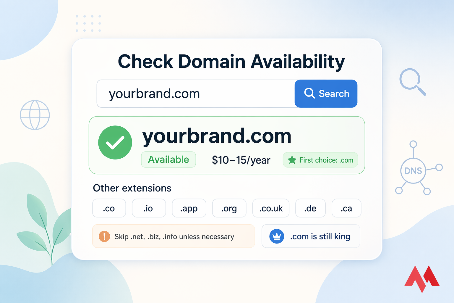 Stylised domain search panel showing yourbrand.com available with green checkmark and $10&ndash;15/year price