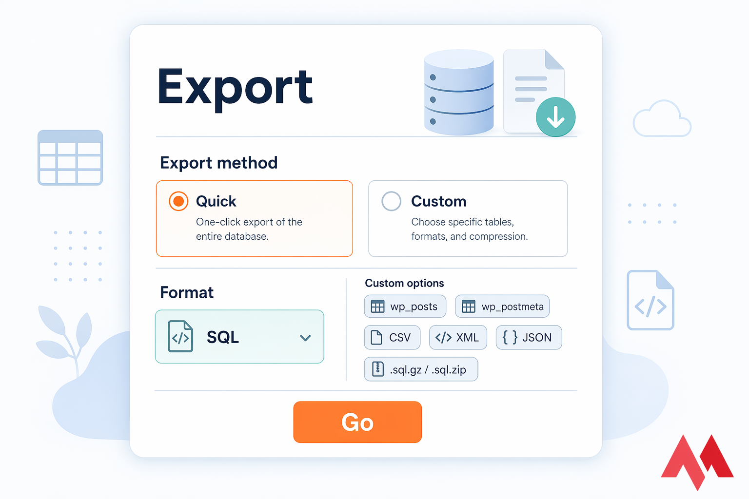 Stylised phpMyAdmin Export screen with Quick and Custom options, SQL format, and Go button