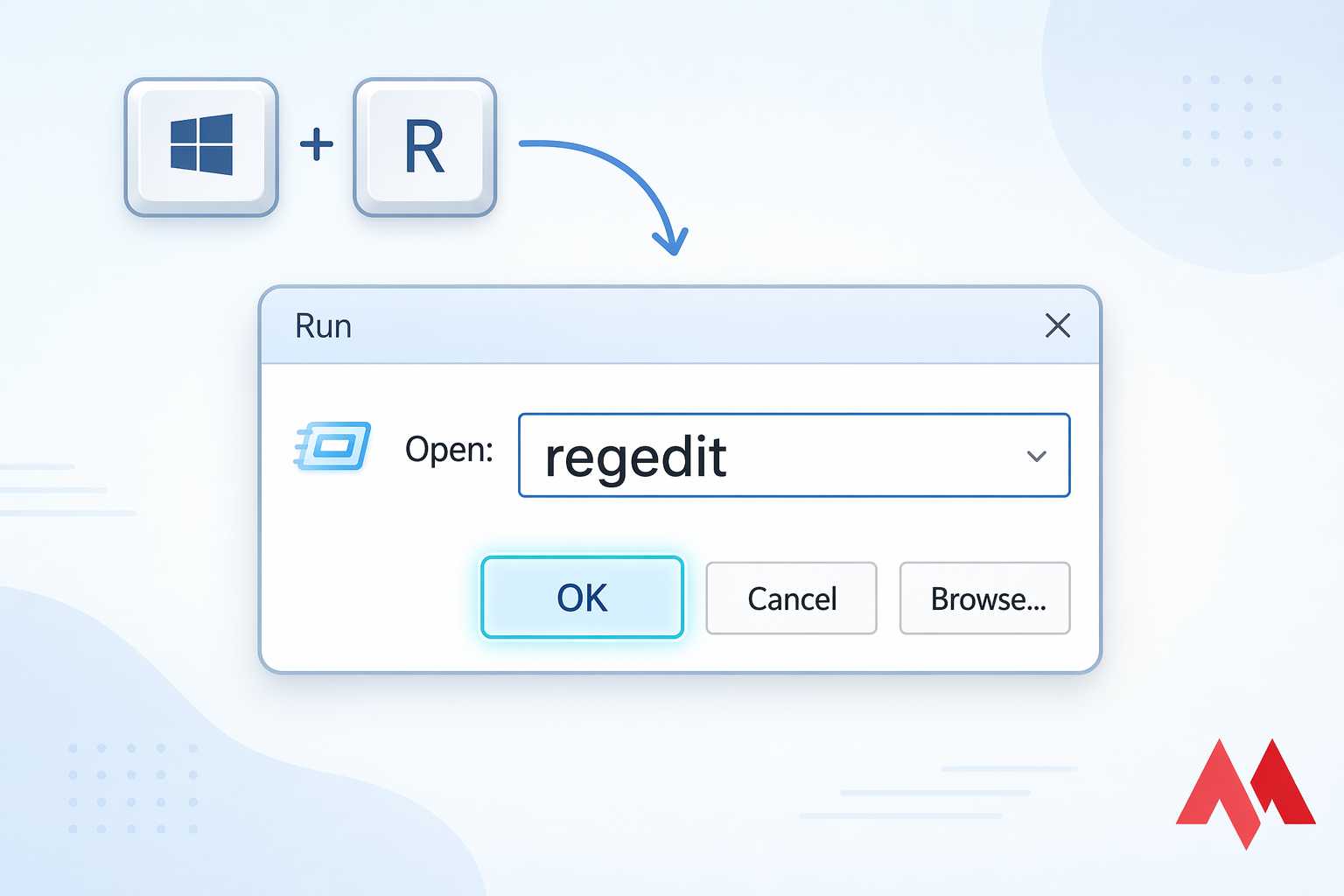 Stylised Windows Run dialog with regedit typed and OK highlighted
