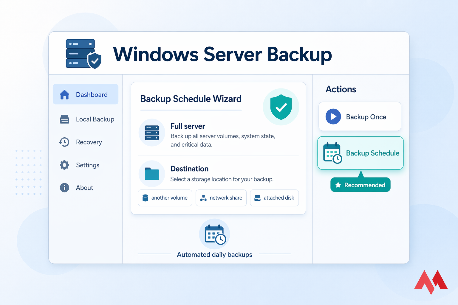 Stylised Windows Server Backup interface with Backup Schedule highlighted in the Actions pane