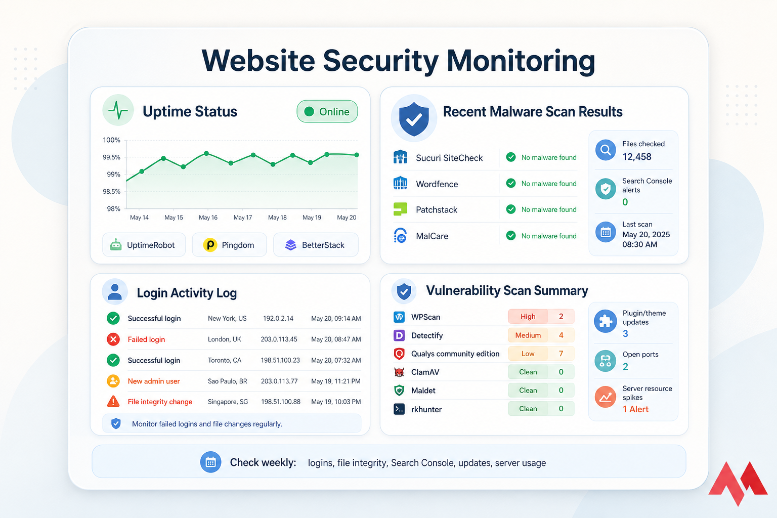 Stylized website security monitoring dashboard with uptime, malware scans, login log, and vulnerability summary