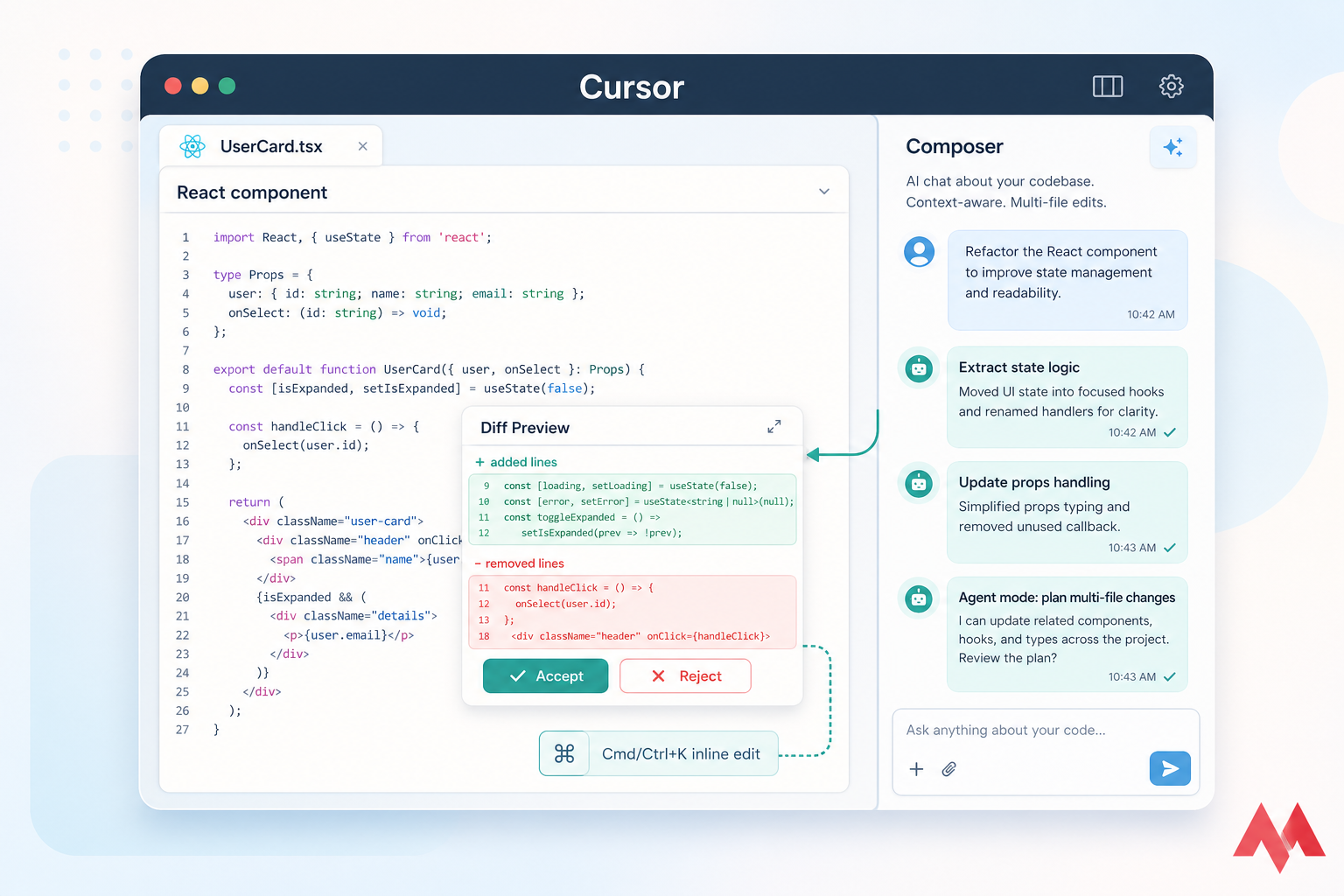 Stylised Cursor editor illustration with Composer chat and React diff preview
