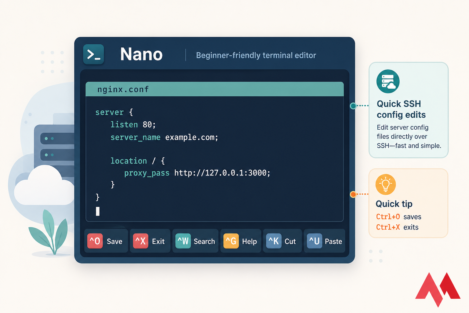 Stylised Nano terminal editing nginx.conf with bottom help bar showing Save, Exit, and Search shortcuts.