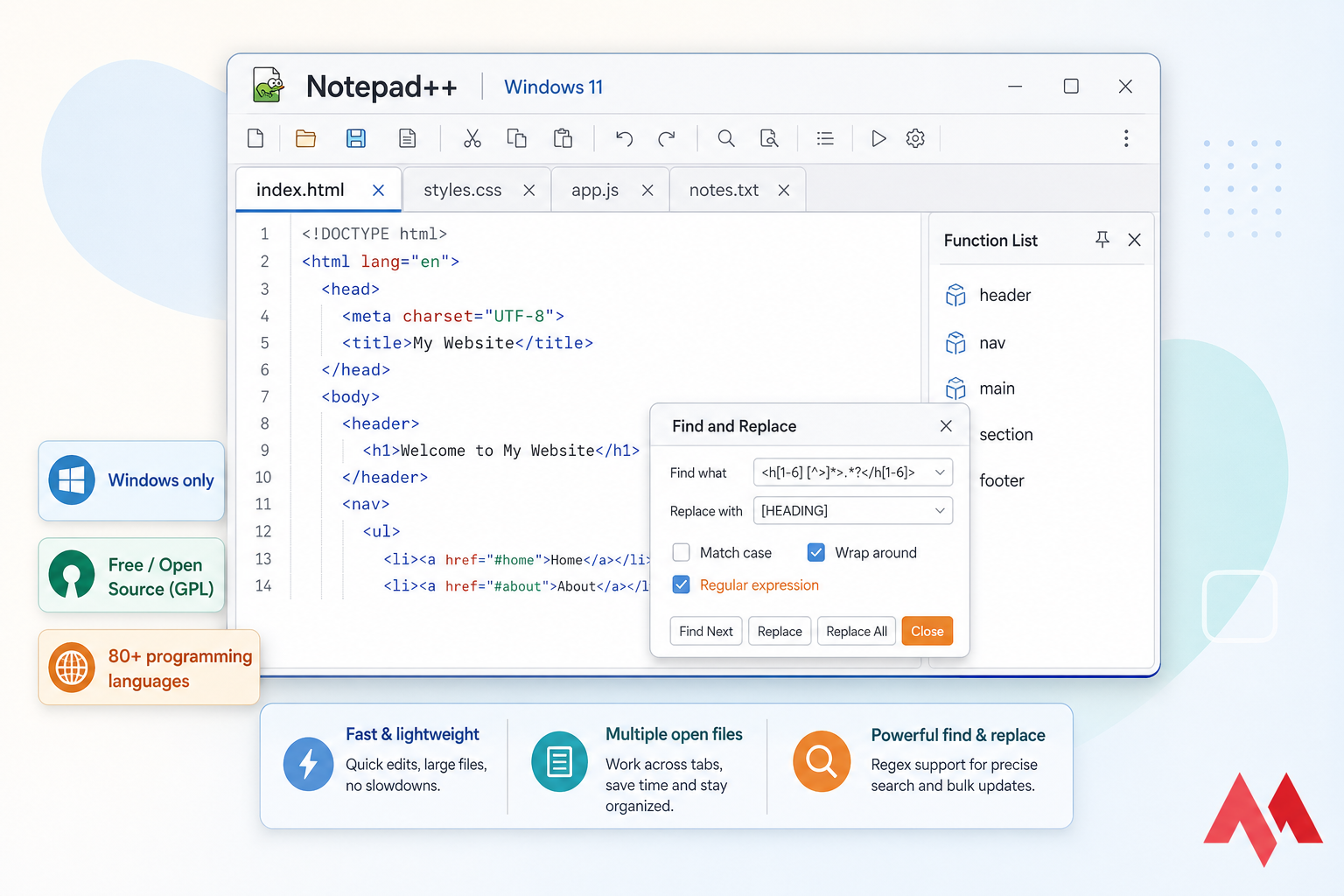 Stylised Notepad++ on Windows 11 editing HTML with Function List and regex find-and-replace dialog.