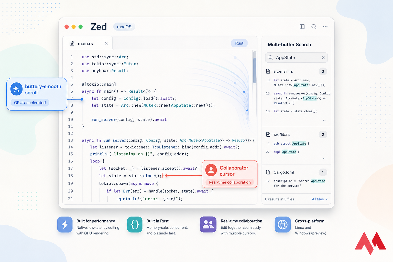 Stylised Zed editor on macOS with Rust code, search sidebar, smooth scrolling, and collaborator cursor