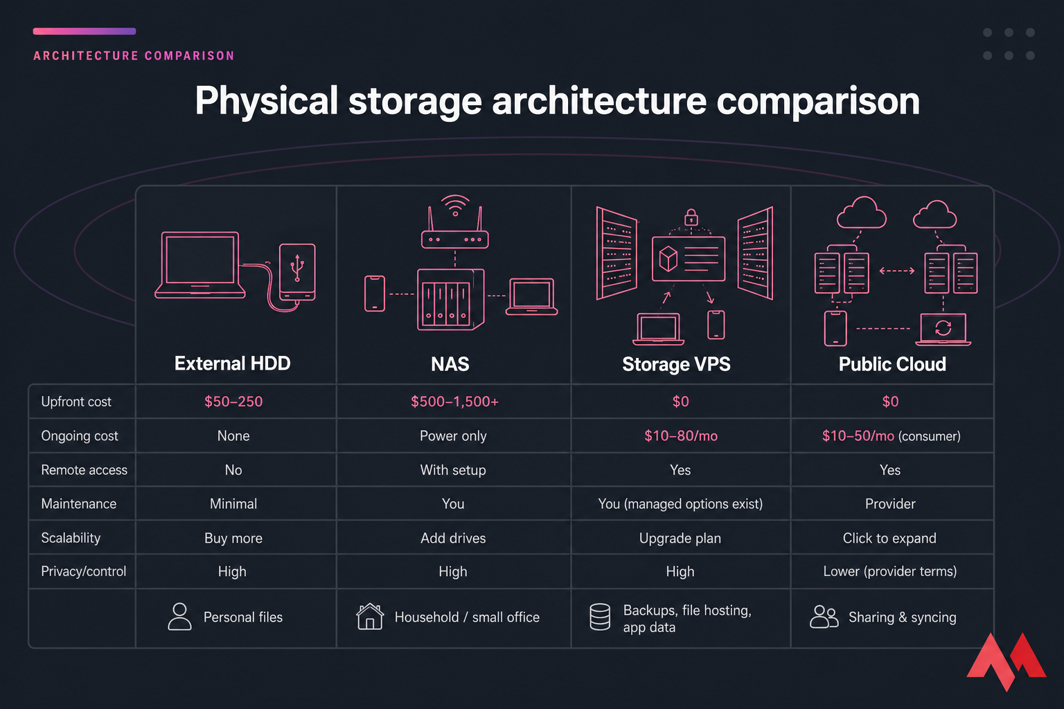 Four-column comparison of External HDD, NAS, Storage VPS, and Public Cloud with cost and access labels