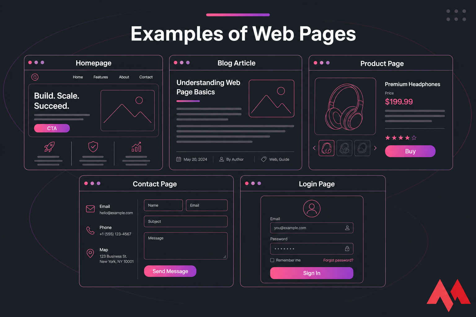 Stylised five-card grid showing Homepage, Blog Article, Product Page, Contact Page, and Login Page.